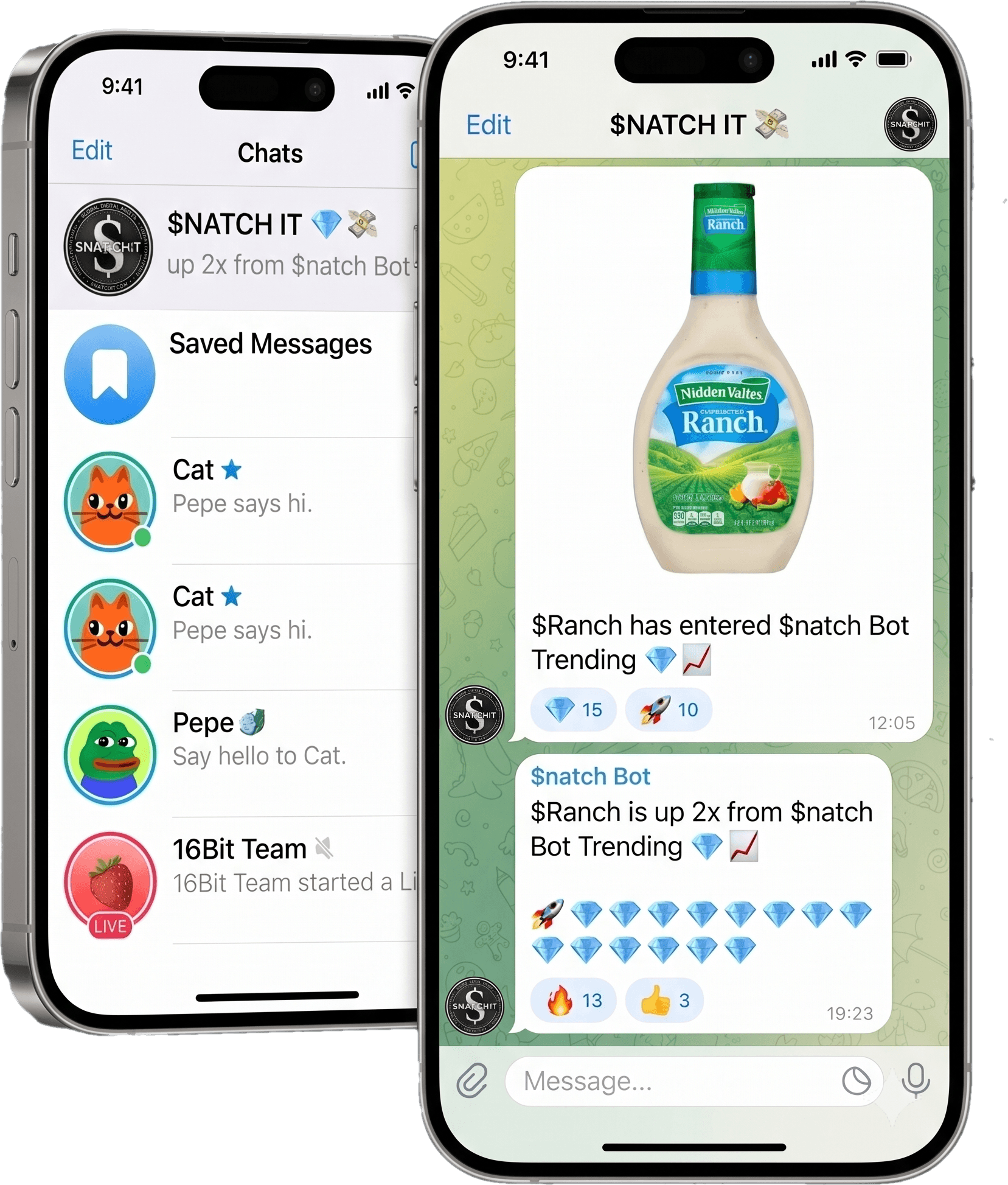Two iPhones showing the $Natch It Telegram alert feed and community chat